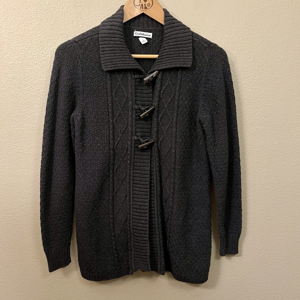 Croft & Barrow Cable Knit Cardigan Cotton Dark Gray Decorative Buttons Sz S